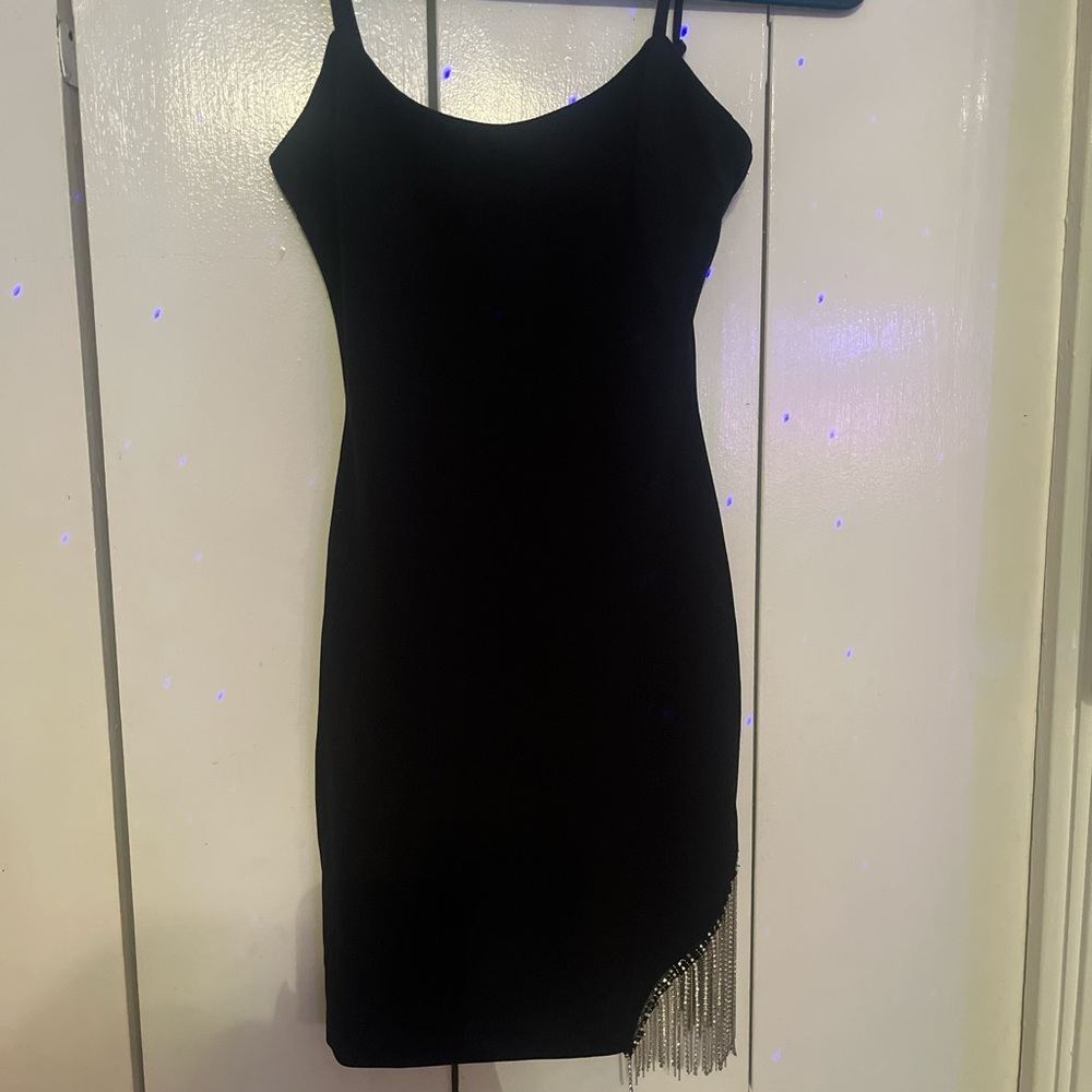 City Studio Black Mini Dress with Fringe Accent